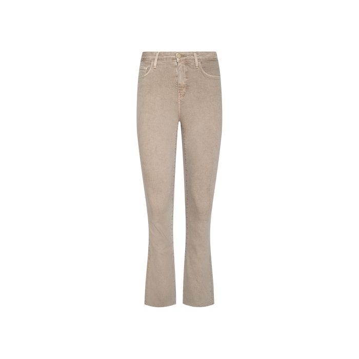 The Kendra Cropped Flare Jean, crafted from super stretch denim in beige, features a high-waisted fit, front pockets, button and zipper closure, and visible stitching details, displayed on a plain white background.