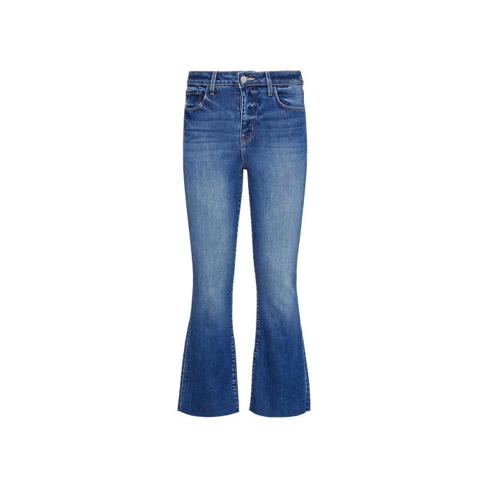 Kendra Cropped Flare Jean crafted from premium stretch denim with a slight flare at the bottom, featuring a button and zipper closure, front and back pockets, and light fading on the thighs. The jeans are displayed against a plain white background.