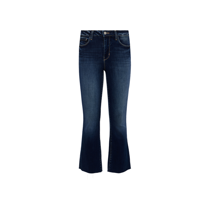 The Kendra Cropped Flare Jean features a dark blue wash in stretch denim with a subtle faded effect, front button and zipper closure, classic five-pocket construction, and slightly flared cropped legs. Presented against a plain white background.
