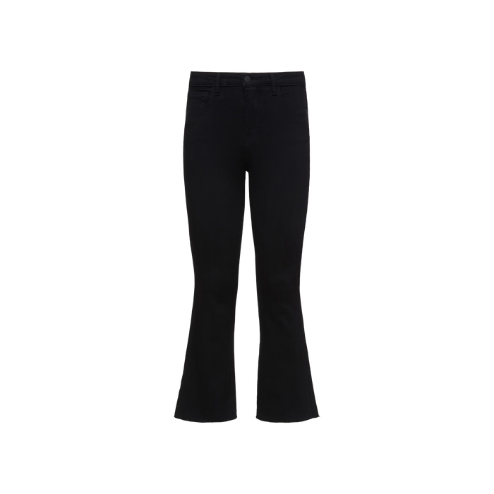 The Kendra Cropped Flare Jean is featured in a classic black hue, expertly crafted from premium denim with a mid-rise waist, front and back pockets, and a secure button and zipper closure, displayed against a plain white background.