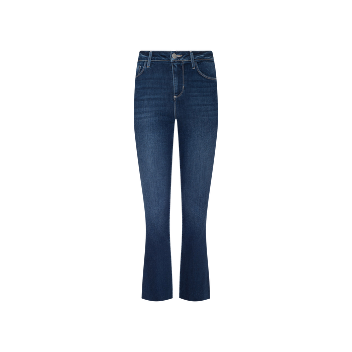 The Kendra Cropped Flare Jean features a high rise, fitted hips, and dark blue super stretch denim. Designed with slightly flared cropped legs, these jeans include front pockets, belt loops, and visible stitching, shown against a plain white background.