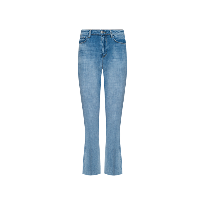 The Kendra Cropped Flare Jean features a light wash, kick flare leg, and a fitted waist, shown against a plain white background.