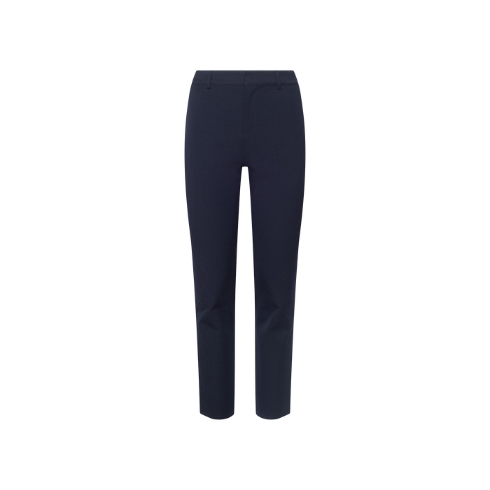 The Ketra Bootcut Trouser is crafted from stretch suit fabric in a midnight navy hue, featuring belt loops and a slim fit through the thighs that gently flares into a bootcut leg, shown against a plain white background.