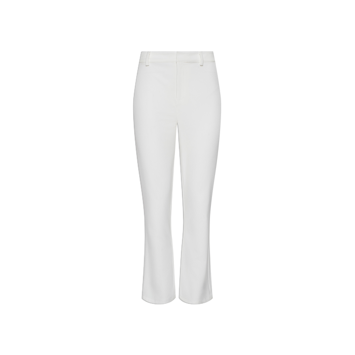 The Ketra Bootcut Trouser, crafted from stretch suit fabric, features a white high-waisted design with an ankle-length bootcut silhouette, belt loops, and a zipper fly, displayed on a plain white background.