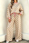 Khaki Polka Dot Contrast Trim Long Sleeve Top Drawstring Shift Pants Set Shewin