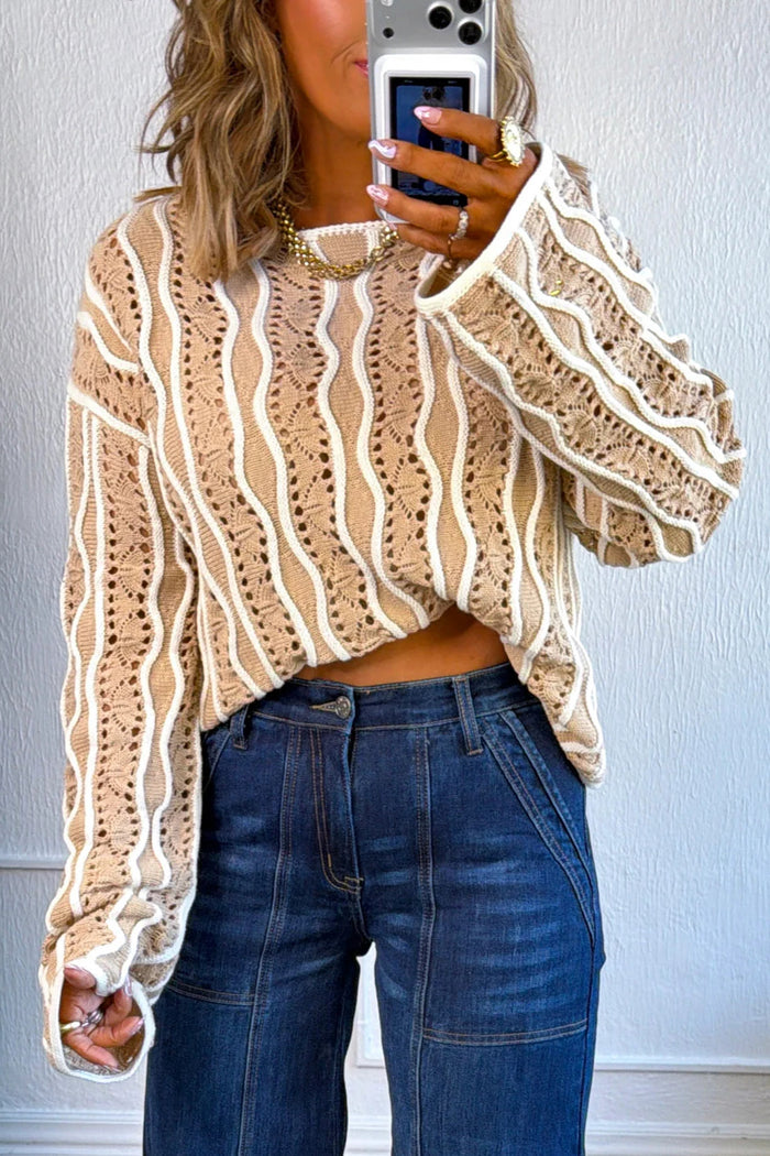Khaki Wavy Detail Hollow Out Knit Long Sleeve Cotton Pullover Sweater Shewin