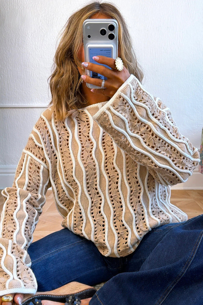 Khaki Wavy Detail Hollow Out Knit Long Sleeve Cotton Pullover Sweater Shewin