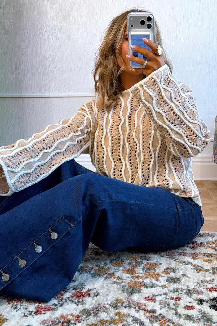 Khaki Wavy Detail Hollow Out Knit Long Sleeve Cotton Pullover Sweater Shewin