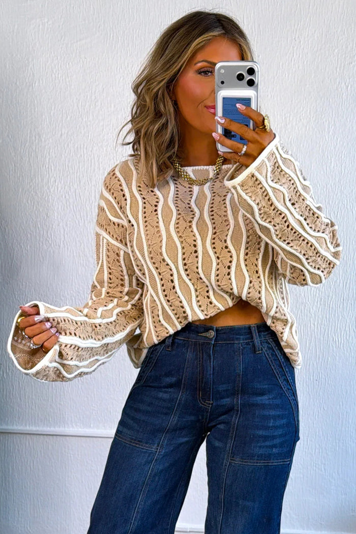 Khaki Wavy Detail Hollow Out Knit Long Sleeve Cotton Pullover Sweater Shewin