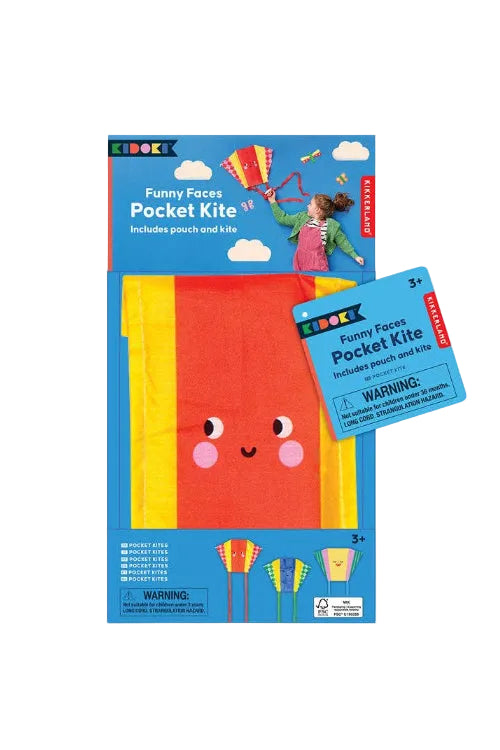 KidKraft Funny Faces Pocket Kite packaging with kite and pouch on a white background