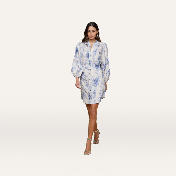 A woman wearing the Kiersten Dress—a light blue and white standout print mini linen dress with blouson sleeves—paired with silver heels, walks forward against a plain white background.