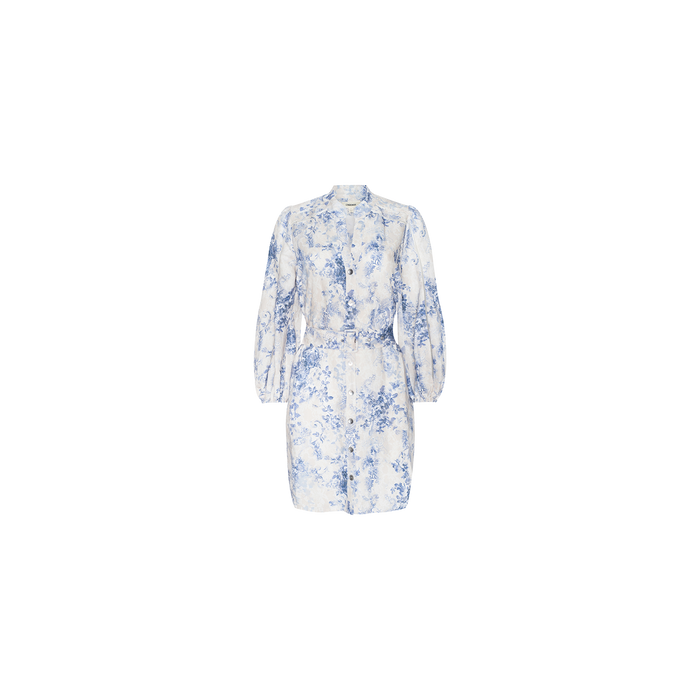 The Kiersten Dress is a white mini linen dress with blouson sleeves, a vibrant blue floral print, a belted waist, and button-down front, shown on a plain white background.