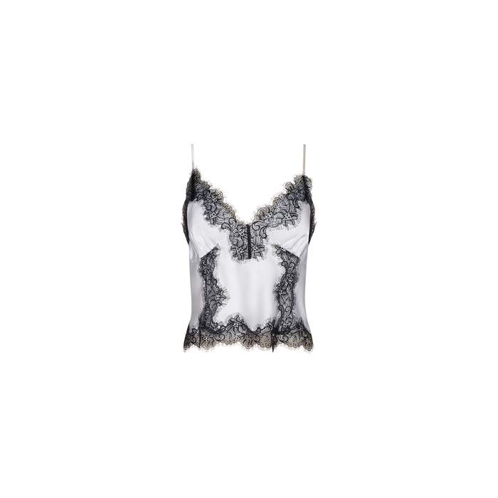 The Kimber Silk Lace Camisole is a white satin camisole with thin straps, featuring intricate black lace trim along the neckline, hem, and sides.