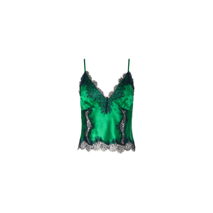 Kimber Silk Lace Camisole in green satin with black lace trim, featuring thin spaghetti straps and a V-neckline, displayed against a plain white background.