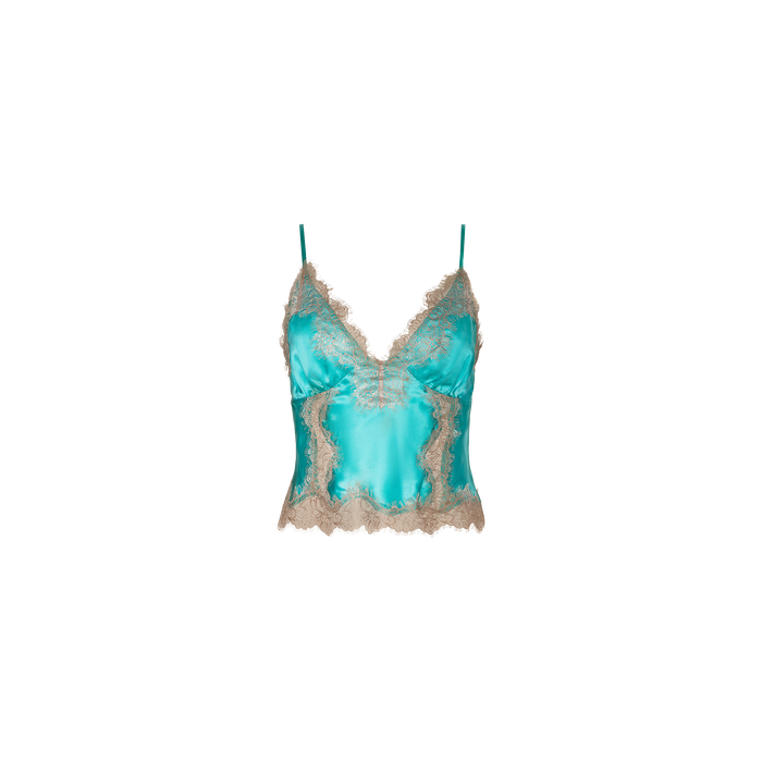 The Kimber Silk Lace Camisole is a turquoise satin camisole featuring thin straps and beige lace trim along the neckline and hem, displayed on a plain white background.