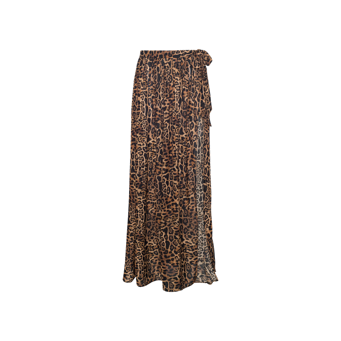 The Klaire Cover-Up Skirt is a long, flowy wrap skirt made from viscose chiffon, featuring a brown and black leopard print and a side tie detail, displayed against a white background.