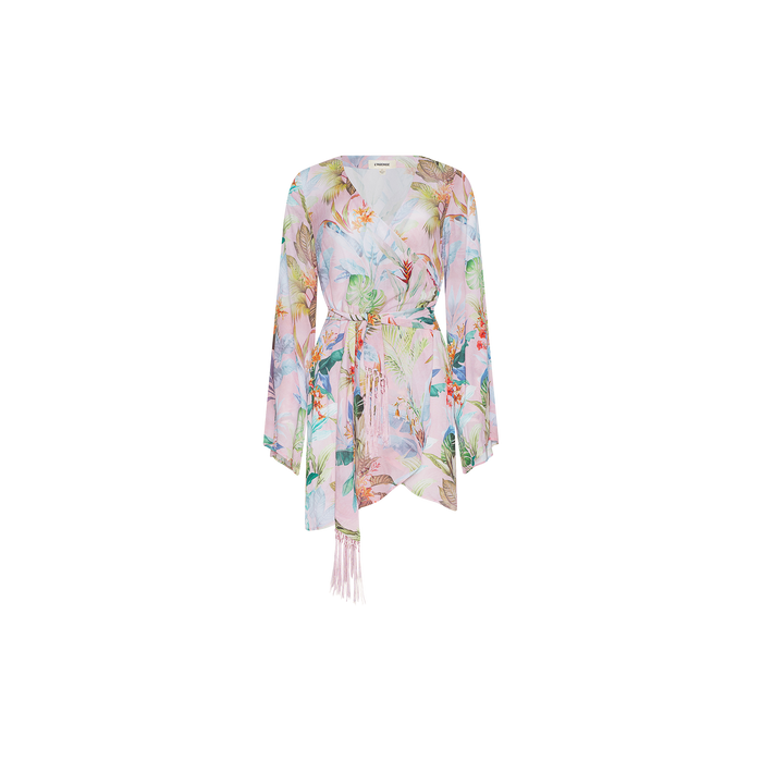 The Kohima Cover-Up Dress, a sheer, pastel floral kimono featuring bell sleeves, a tie belt at the waist, and an asymmetrical hem—perfect for resort style or as a pool cover-up—is displayed on a white background.