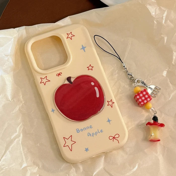 Korean 3D Cartoon Red Apple With Fork Apple Core Pendant Soft Phone Case For iPhone PhoneShells