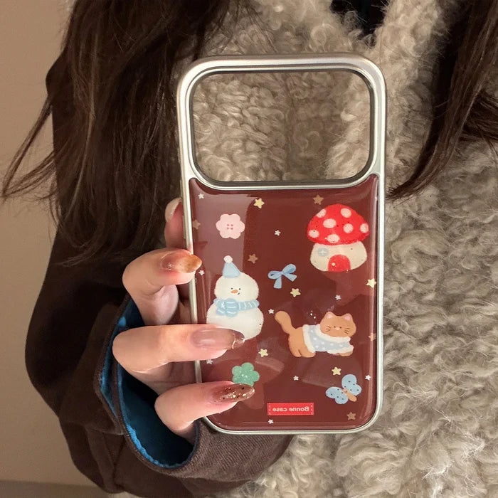 Korean Cartoon Christmas Snowman House Drop Glue Plating Phone Case For iPhone PhoneShells