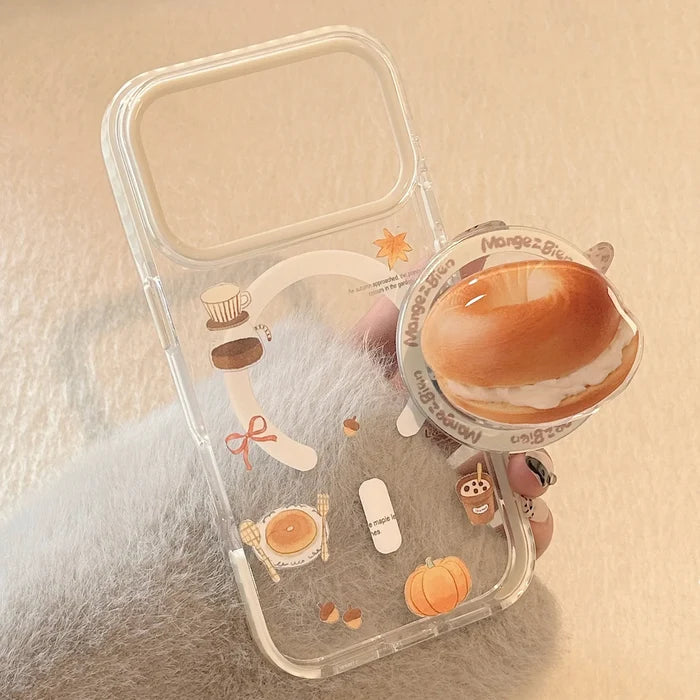 Korean Cartoon Cream Bagel Magnetic Bracket Phone Case For iPhone PhoneShells