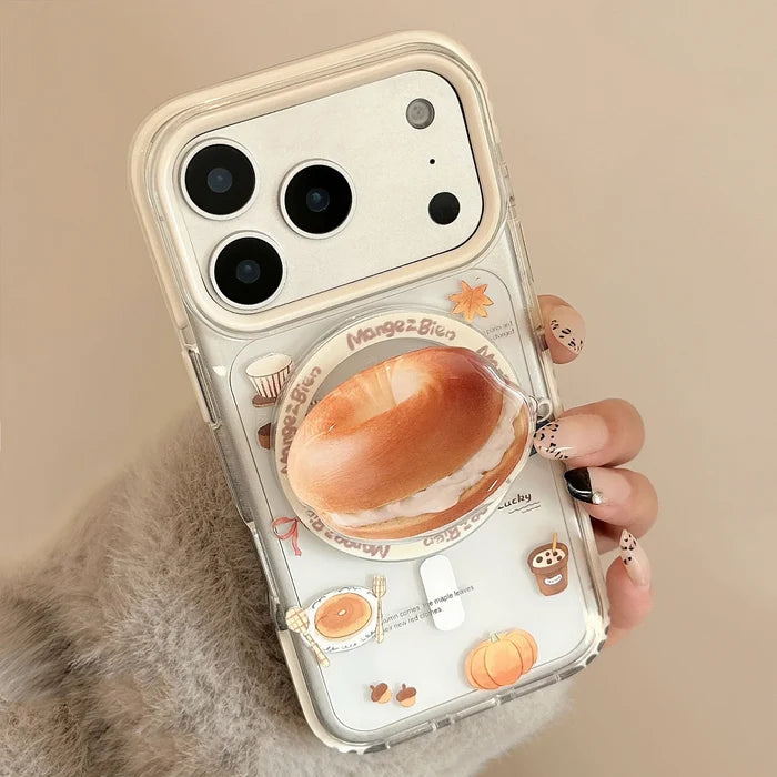 Korean Cartoon Cream Bagel Magnetic Bracket Phone Case For iPhone PhoneShells