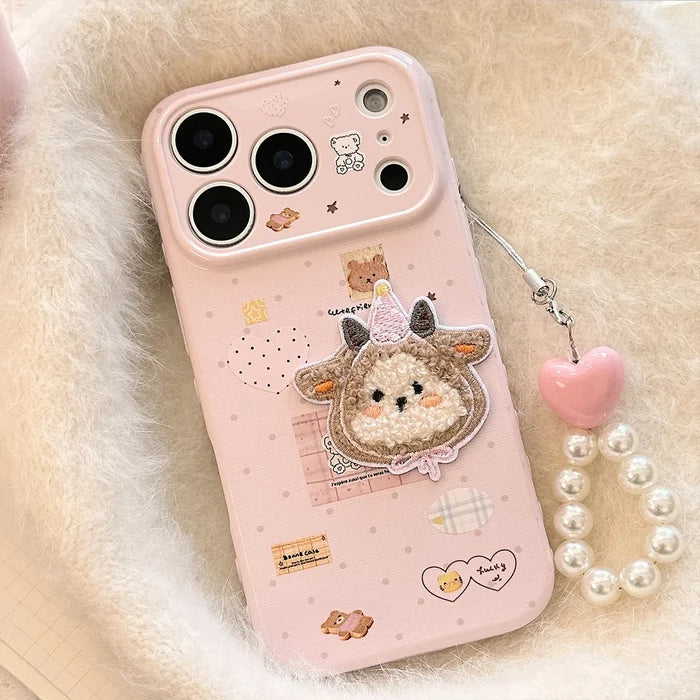 Korean Cartoon Embroidery Plush Sheep Sticker Phone Case With Chain For iPhone PhoneShells
