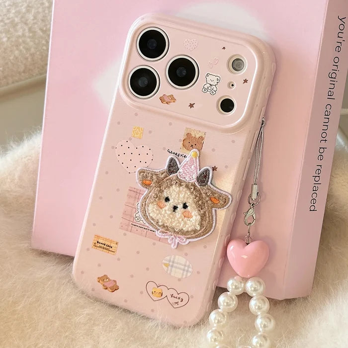 Korean Cartoon Embroidery Plush Sheep Sticker Phone Case With Chain For iPhone PhoneShells