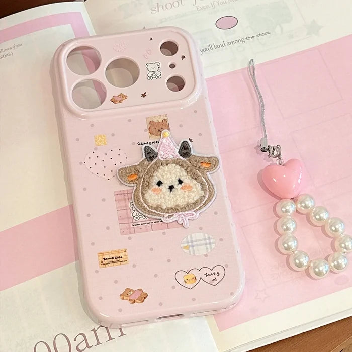 Korean Cartoon Embroidery Plush Sheep Sticker Phone Case With Chain For iPhone PhoneShells