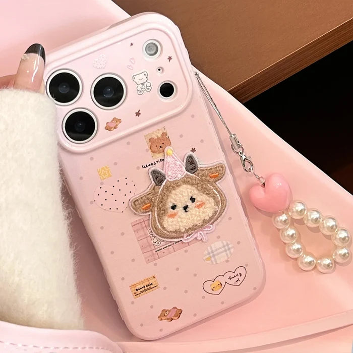 Korean Cartoon Embroidery Plush Sheep Sticker Phone Case With Chain For iPhone PhoneShells