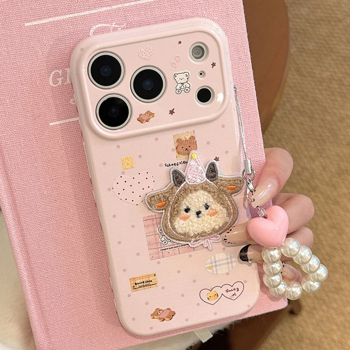 Korean Cartoon Embroidery Plush Sheep Sticker Phone Case With Chain For iPhone PhoneShells
