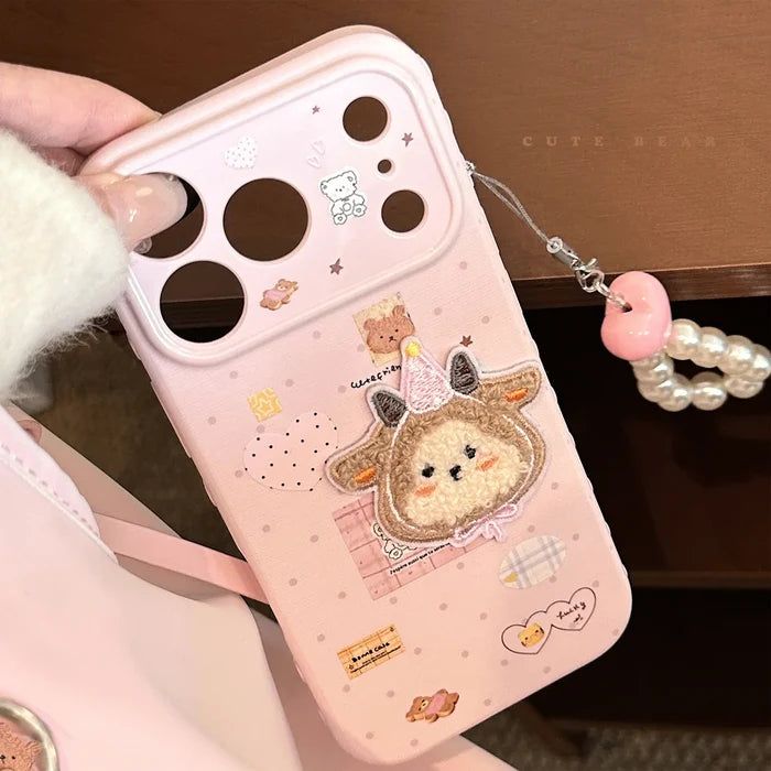 Korean Cartoon Embroidery Plush Sheep Sticker Phone Case With Chain For iPhone PhoneShells