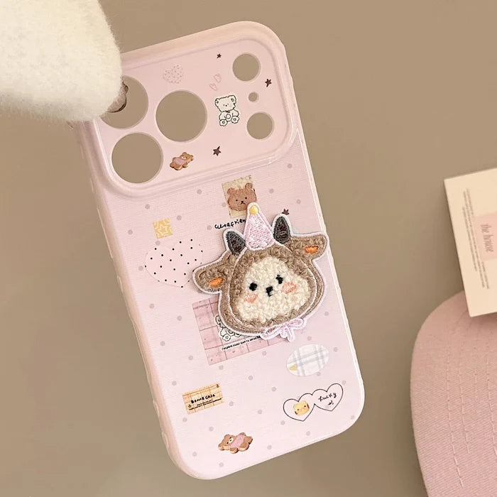 Korean Cartoon Embroidery Plush Sheep Sticker Phone Case With Chain For iPhone PhoneShells