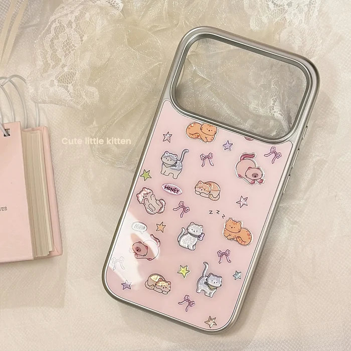 Korean Cartoon Kitten Silver Border Plating Phone Case For iPhone PhoneShells