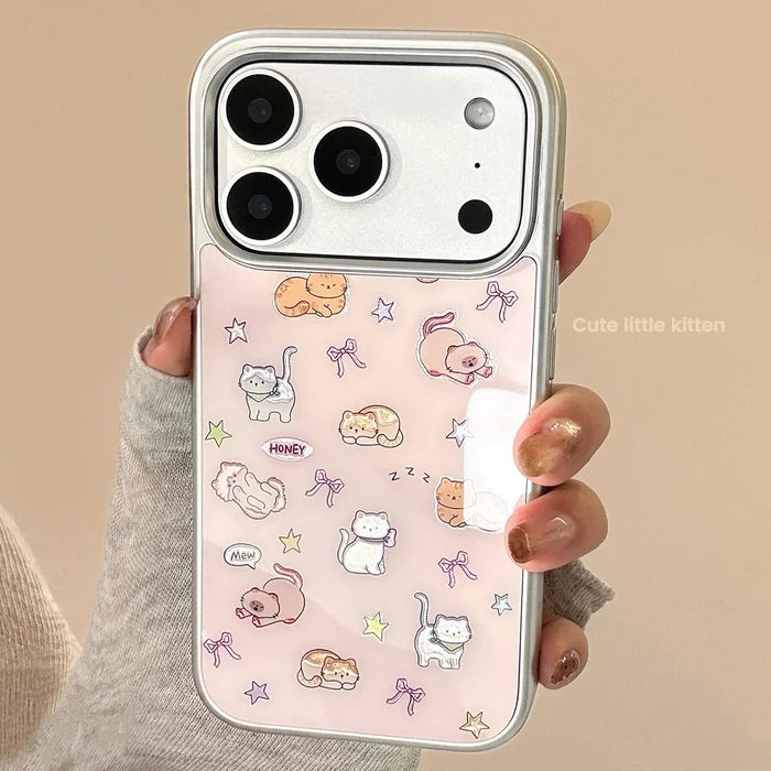 Korean Cartoon Kitten Silver Border Plating Phone Case For iPhone PhoneShells