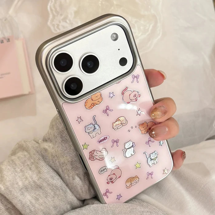 Korean Cartoon Kitten Silver Border Plating Phone Case For iPhone PhoneShells