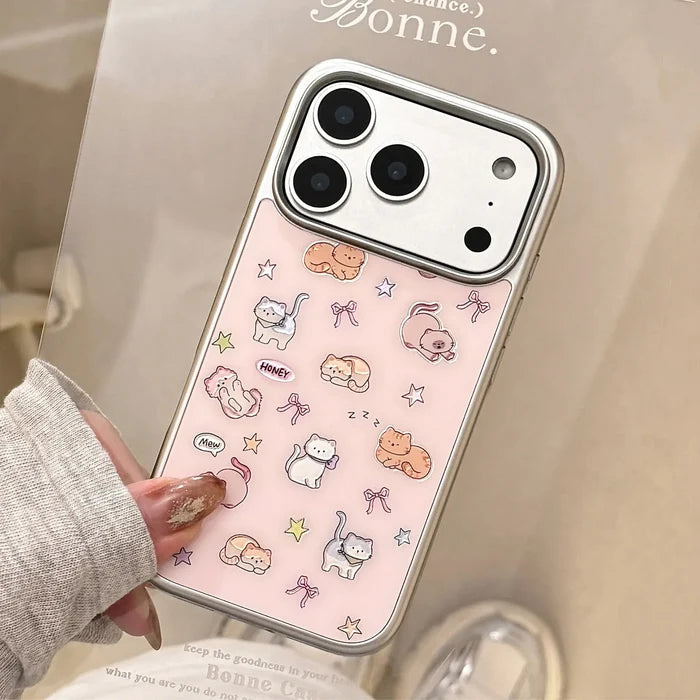 Korean Cartoon Kitten Silver Border Plating Phone Case For iPhone PhoneShells