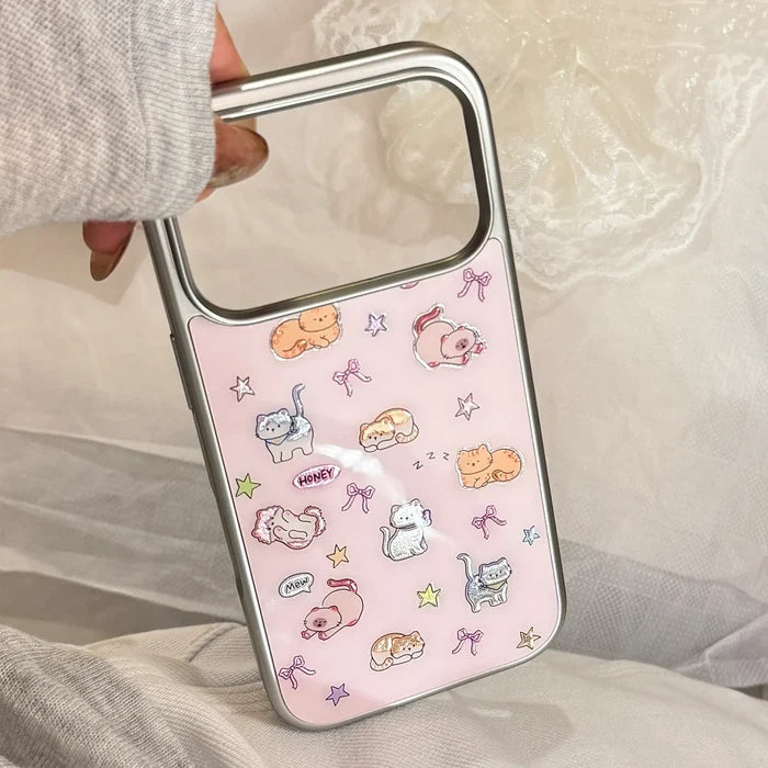 Korean Cartoon Kitten Silver Border Plating Phone Case For iPhone PhoneShells