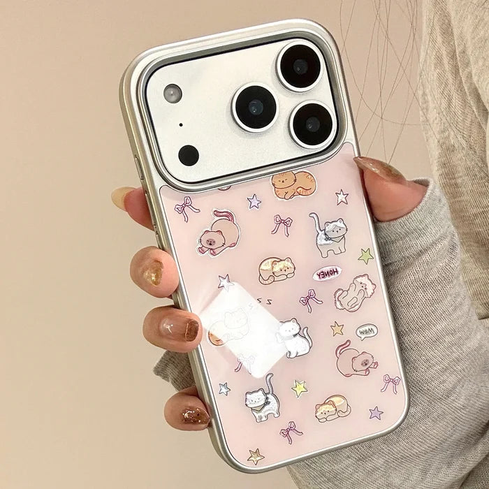 Korean Cartoon Kitten Silver Border Plating Phone Case For iPhone PhoneShells