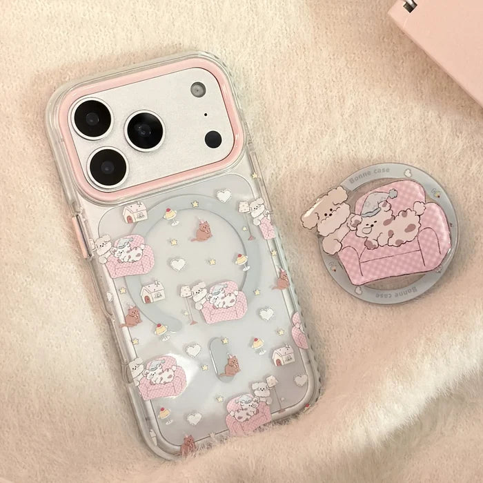 Korean Cartoon Pink Sofa Puppy House Holder Magnetic Phone Case For iPhone PhoneShells