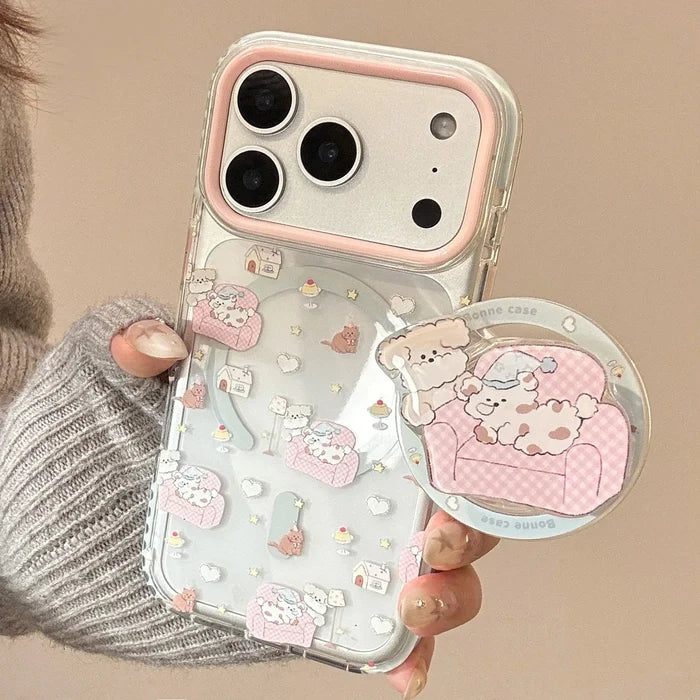 Korean Cartoon Pink Sofa Puppy House Holder Magnetic Phone Case For iPhone PhoneShells