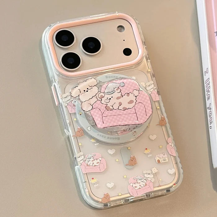 Korean Cartoon Pink Sofa Puppy House Holder Magnetic Phone Case For iPhone PhoneShells