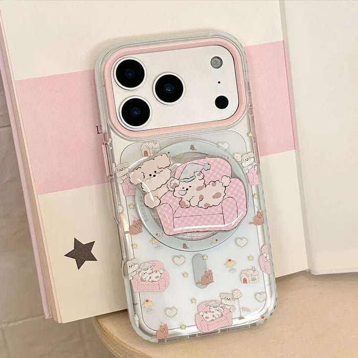 Korean Cartoon Pink Sofa Puppy House Holder Magnetic Phone Case For iPhone PhoneShells