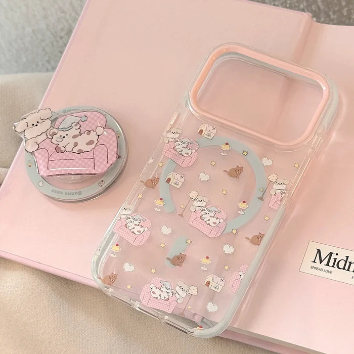 Korean Cartoon Pink Sofa Puppy House Holder Magnetic Phone Case For iPhone PhoneShells