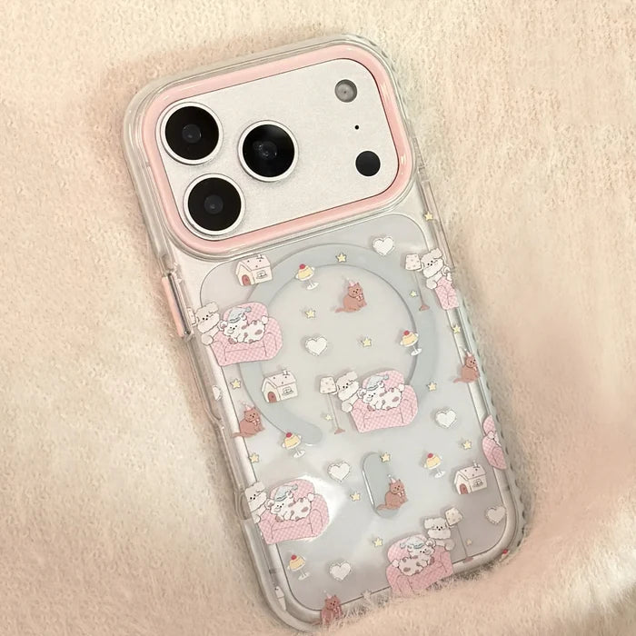 Korean Cartoon Pink Sofa Puppy House Holder Magnetic Phone Case For iPhone PhoneShells
