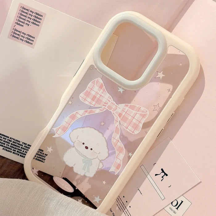 Korean Cartoon Plaid Bowknot Puppy Phone Case For iPhone PhoneShells