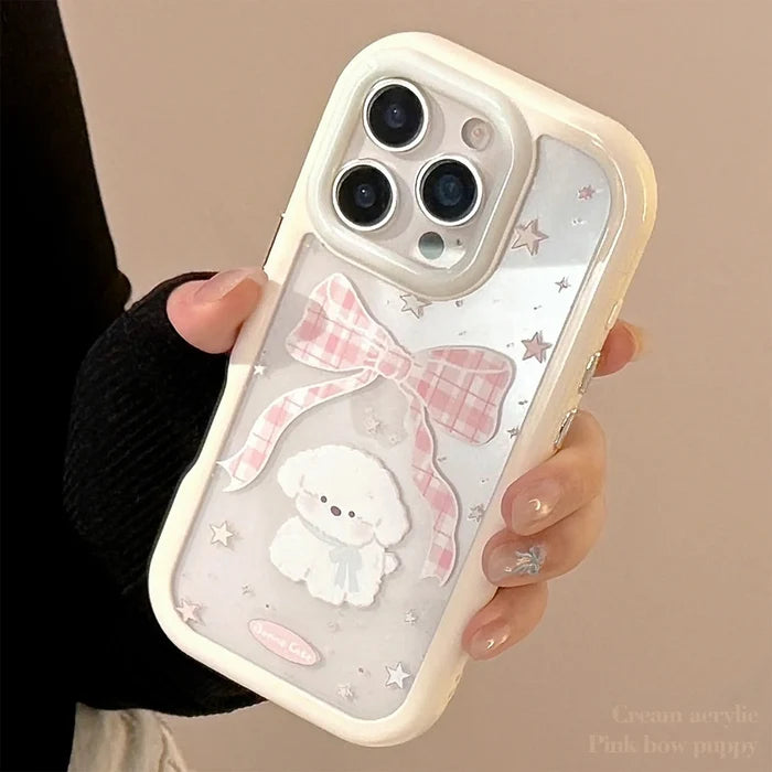 Korean Cartoon Plaid Bowknot Puppy Phone Case For iPhone PhoneShells