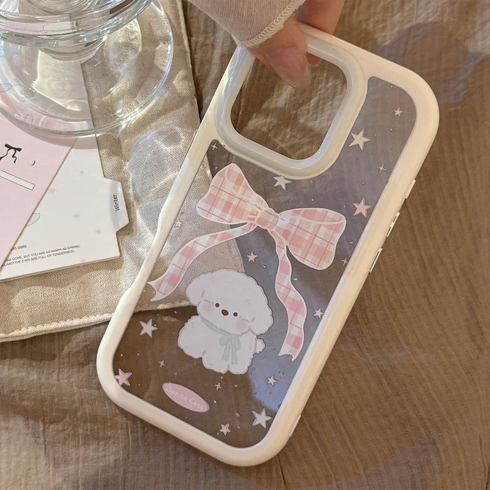 Korean Cartoon Plaid Bowknot Puppy Phone Case For iPhone PhoneShells