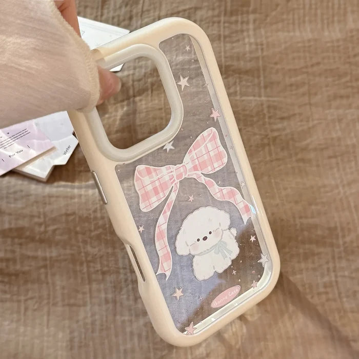 Korean Cartoon Plaid Bowknot Puppy Phone Case For iPhone PhoneShells