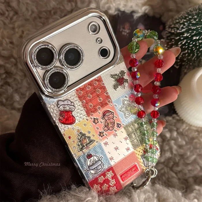 Korean Christmas Grid Pattern Glitter Phone Case For iPhone PhoneShells