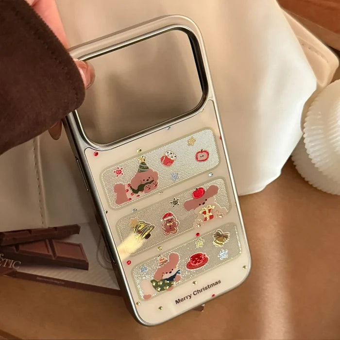 Korean Christmas Style Cartoon Puppy Silver Edge Plating Phone Case For iPhone PhoneShells